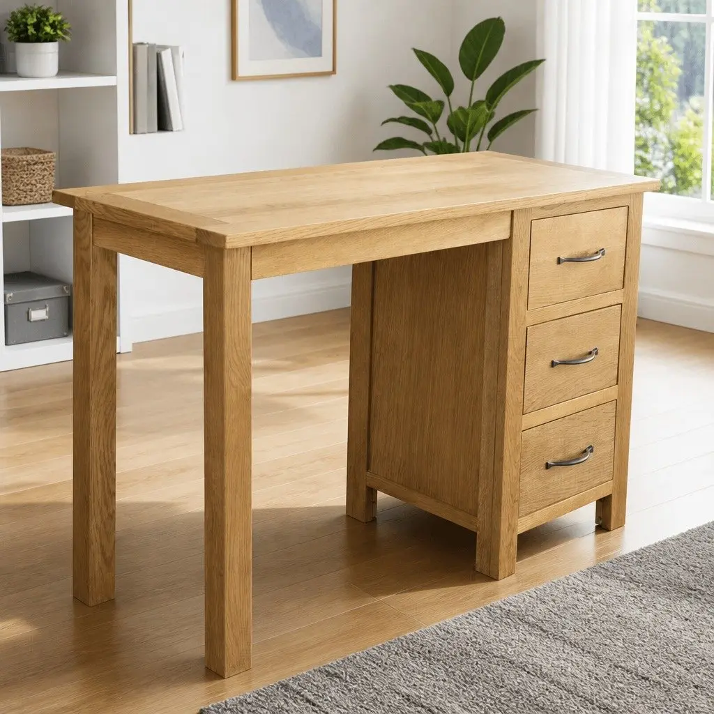 Solid Oak Wood Desk Brown 3 Drawers 106 x 40 x 75 cm Office Study Bedroom Furniture Storage Table