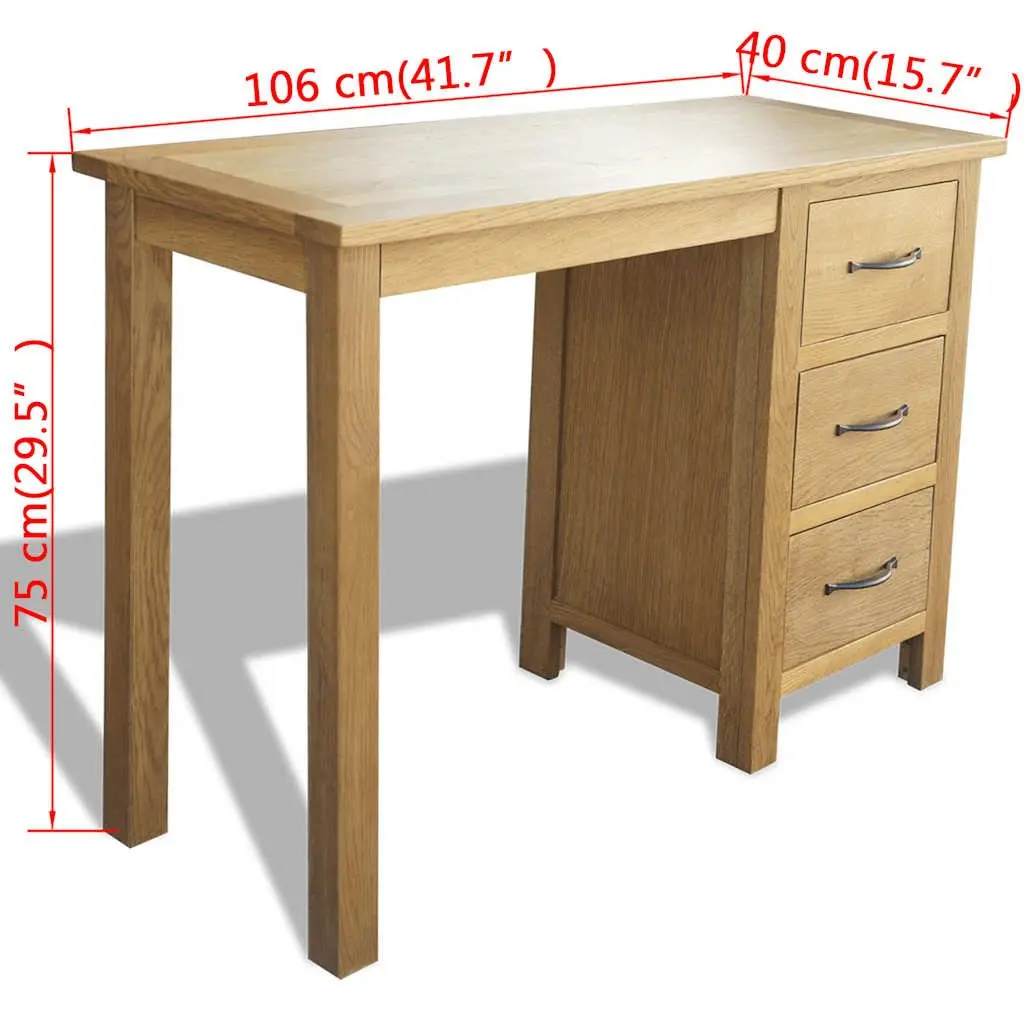 Solid Oak Wood Desk Brown 3 Drawers 106 x 40 x 75 cm Office Study Bedroom Furniture Storage Table