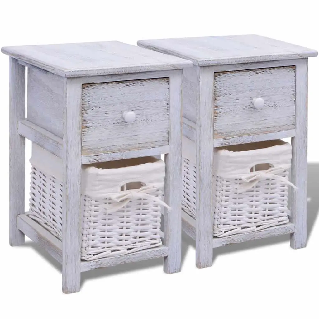 White Wood Nightstands 2 Piece Bedside Storage Cabinets with Drawer and Wicker Basket for Bedroom Organization