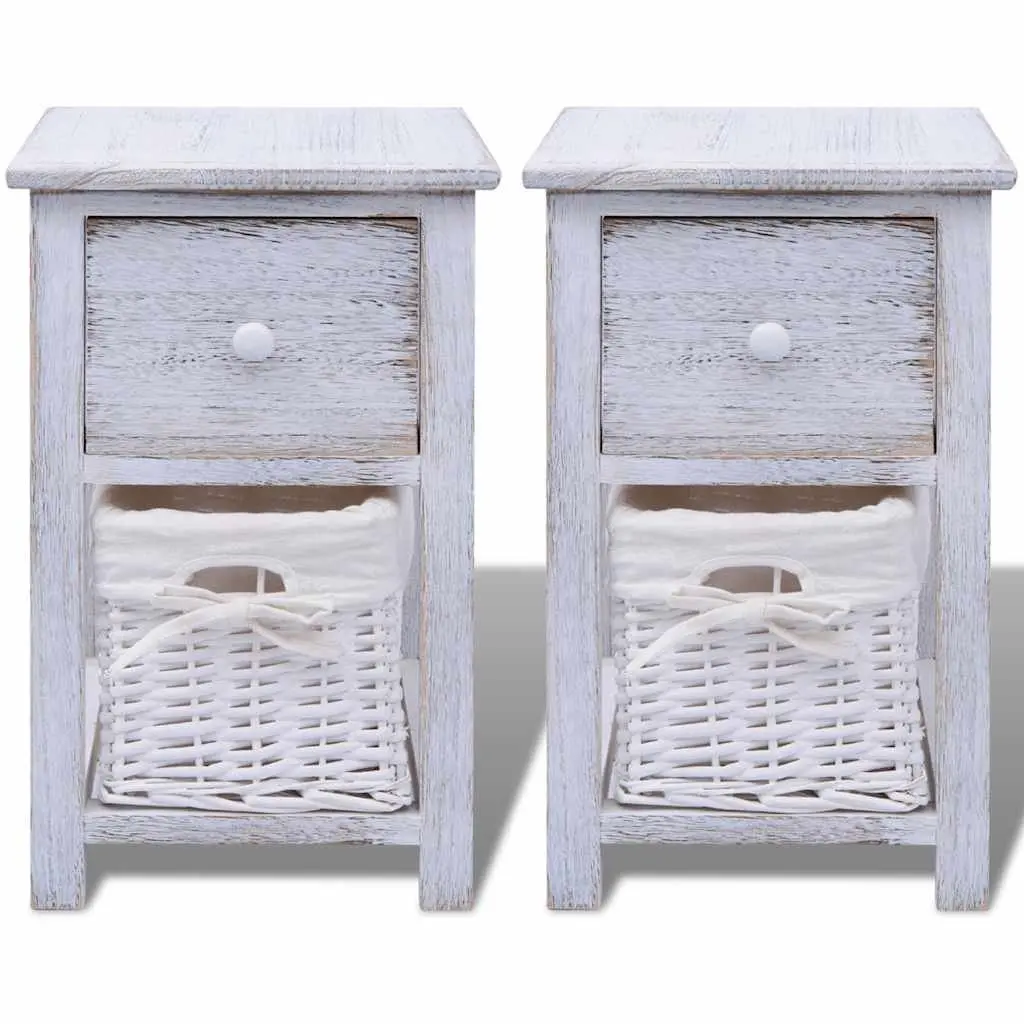 White Wood Nightstands 2 Piece Bedside Storage Cabinets with Drawer and Wicker Basket for Bedroom Organization