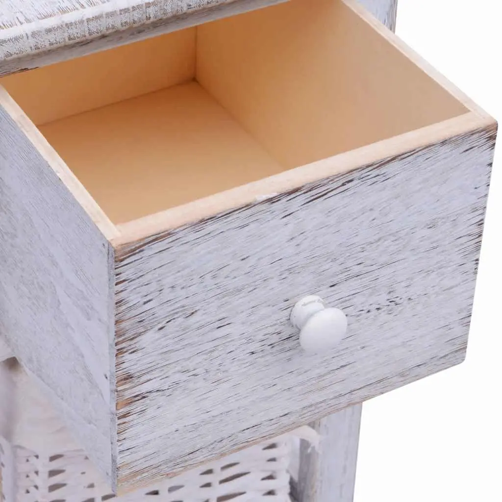 White Wood Nightstands 2 Piece Bedside Storage Cabinets with Drawer and Wicker Basket for Bedroom Organization