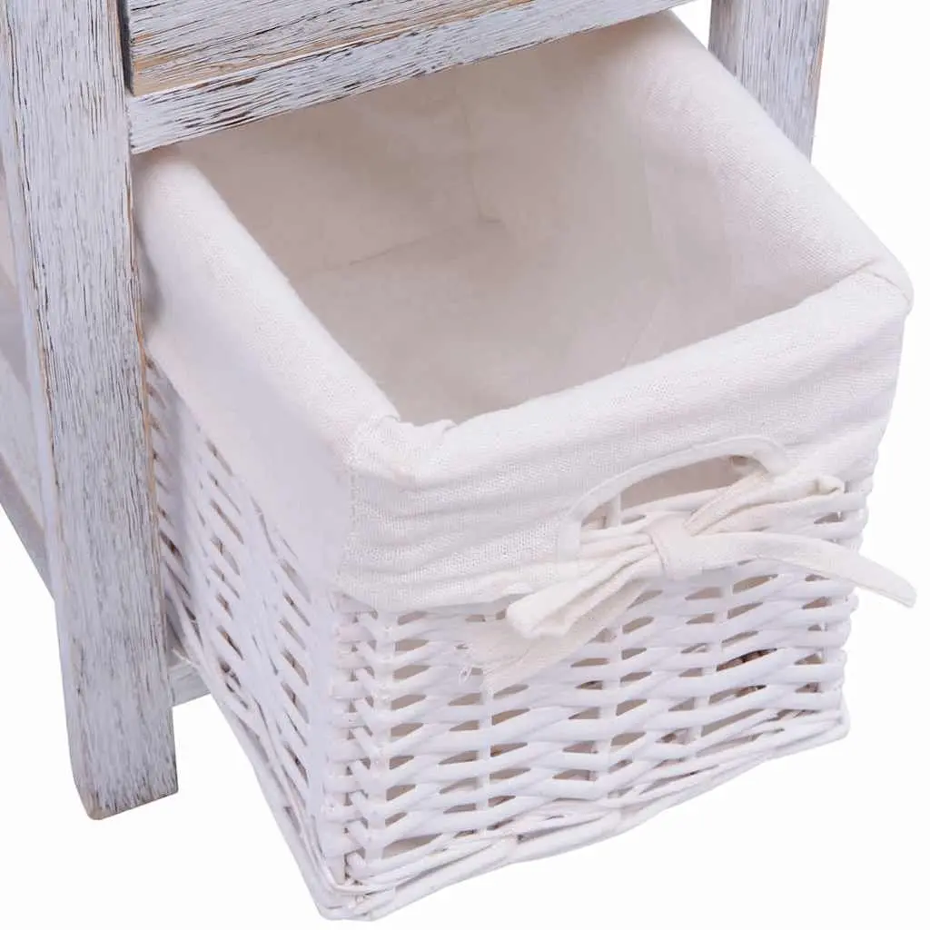White Wood Nightstands 2 Piece Bedside Storage Cabinets with Drawer and Wicker Basket for Bedroom Organization