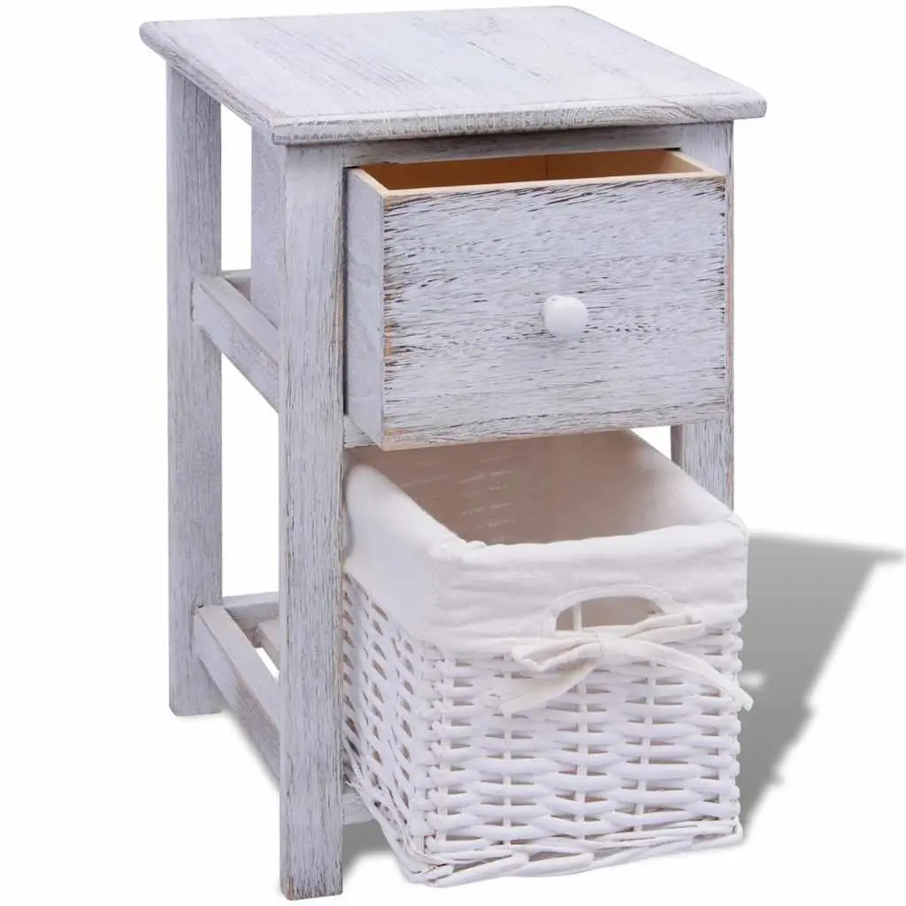 White Wood Nightstands 2 Piece Bedside Storage Cabinets with Drawer and Wicker Basket for Bedroom Organization