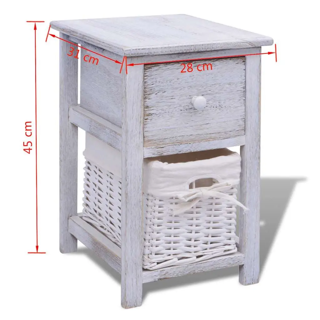 White Wood Nightstands 2 Piece Bedside Storage Cabinets with Drawer and Wicker Basket for Bedroom Organization