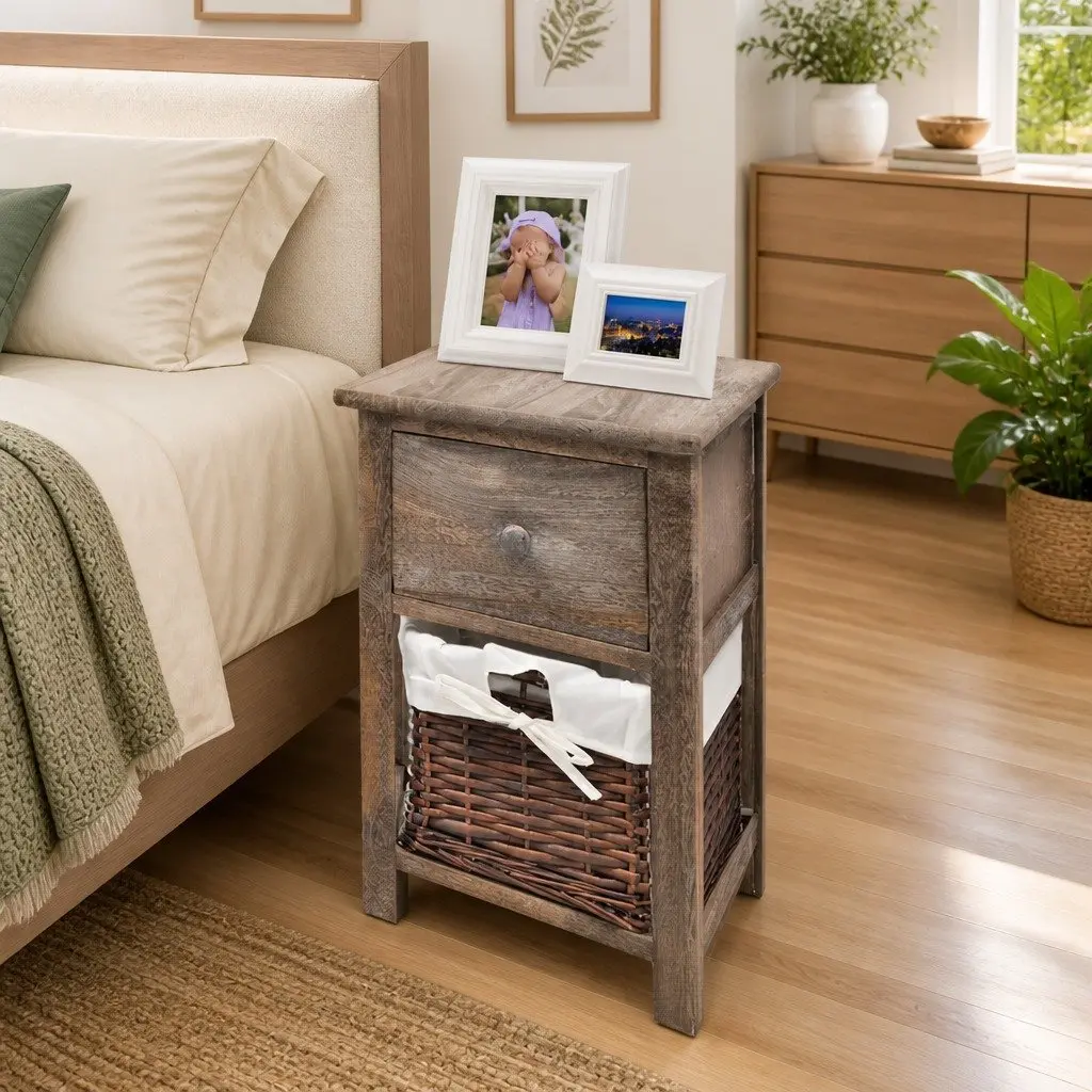Brown Wooden Nightstands with Storage Baskets