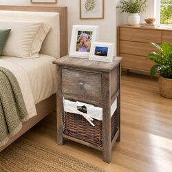 Elegant Brown Wooden Nightstands with Storage Baskets