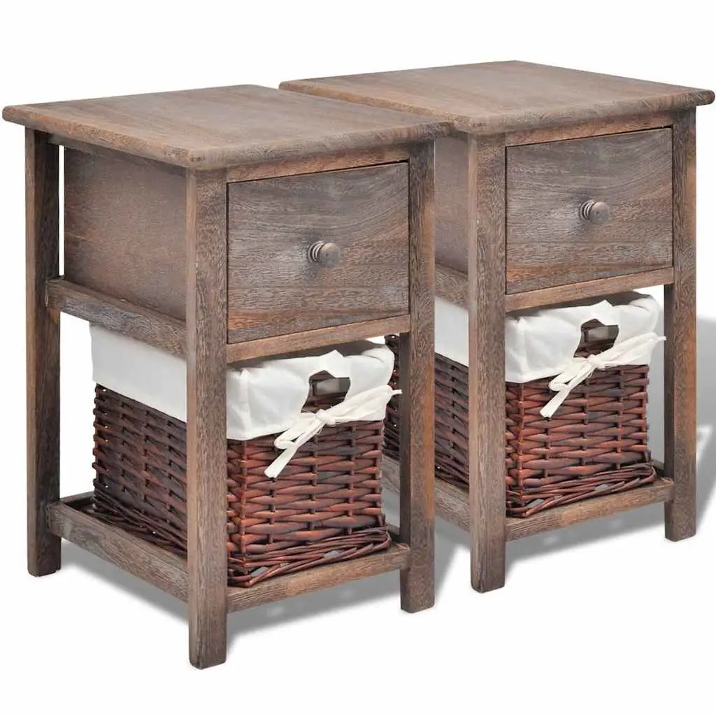 Brown Wooden Nightstands with Storage Baskets