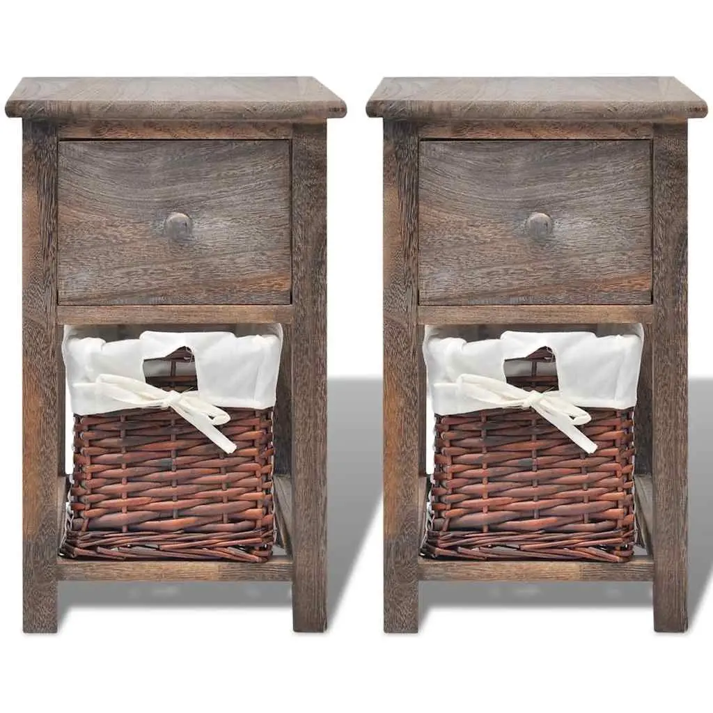 Brown Wooden Nightstands with Storage Baskets