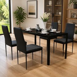 Modern Black Dining Table Set with Glass Top and 4 Chairs
