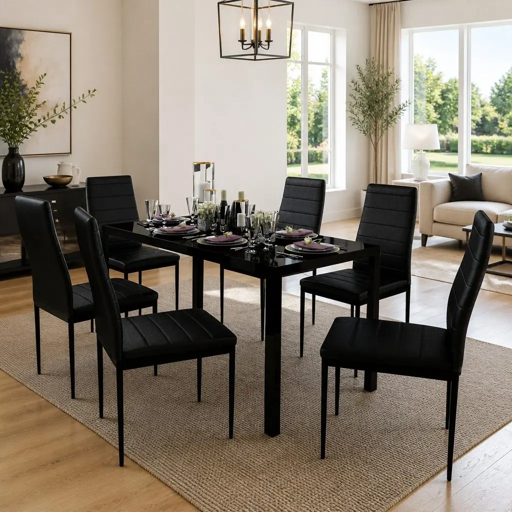 Black Dining Table Set with 6 Chairs