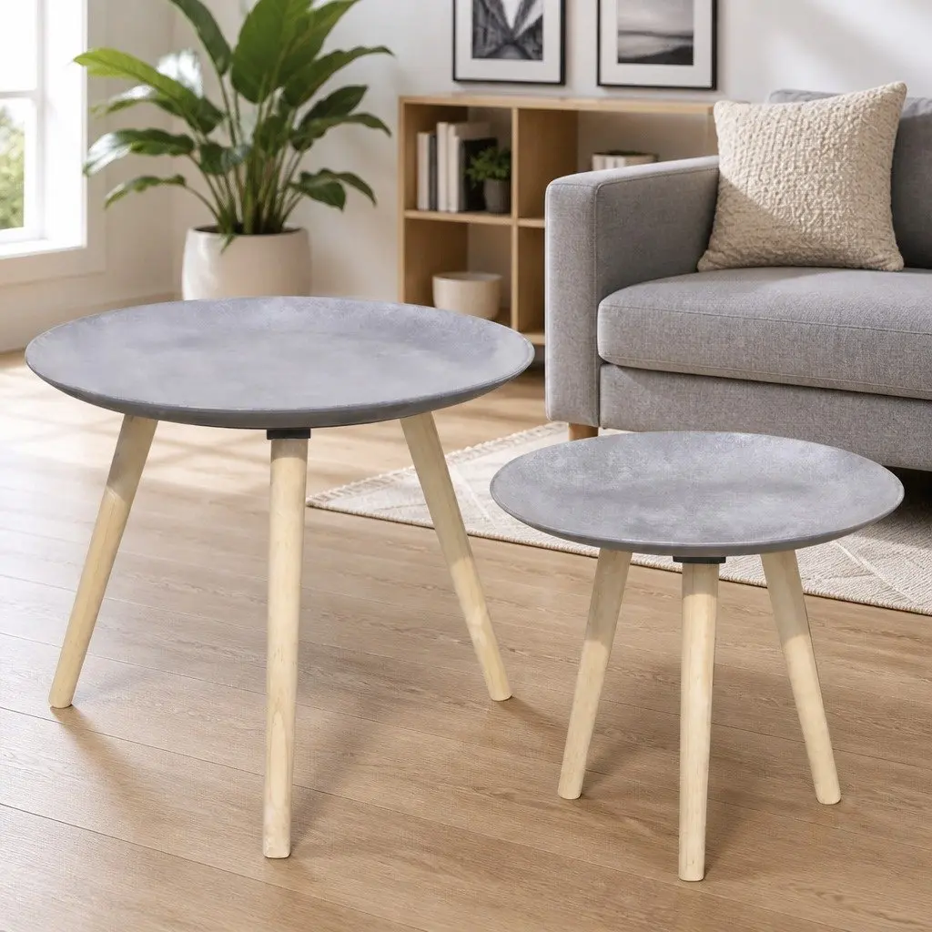 Side Table Set of 2 Round Concrete Grey 55cm and 44cm MDF and Pinewood Living Room
