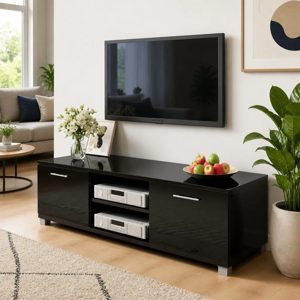 High-Gloss Black TV Cabinet Entertainment Unit with Storage Shelves 120x40.5x35cm