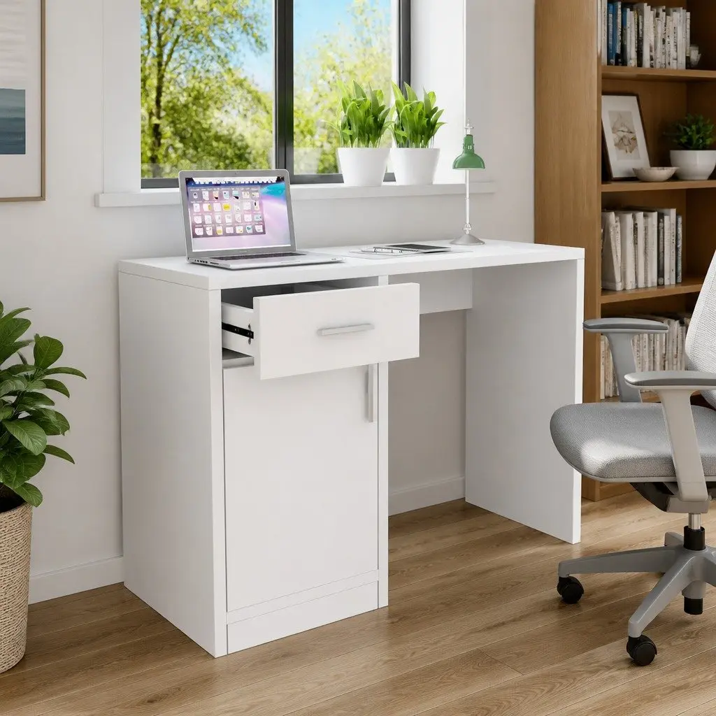 White Desk with Drawer and Cabinet