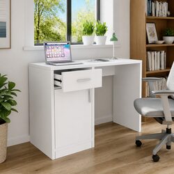 Modern White Desk with Drawer and Cabinet