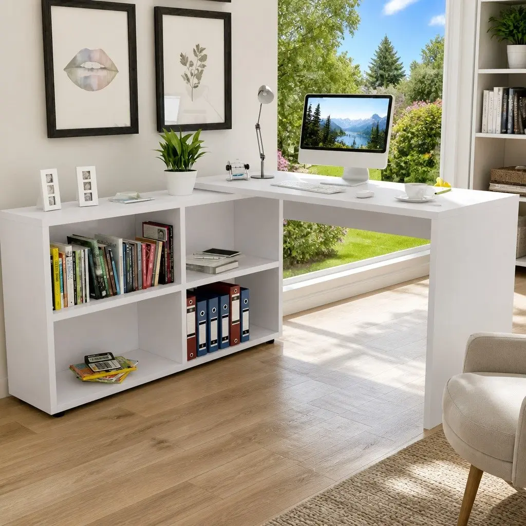 White Corner Desk with 4-Shelf Bookcase Storage