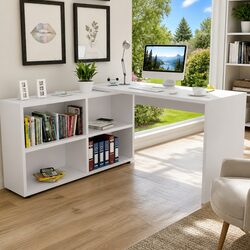 White Corner Desk with 4-Shelf Bookcase Storage