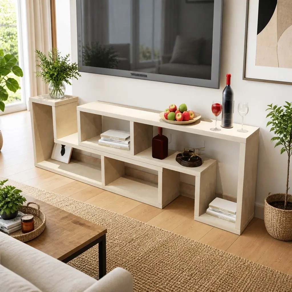 L-Shaped Brown TV Cabinet with Shelves for Storage