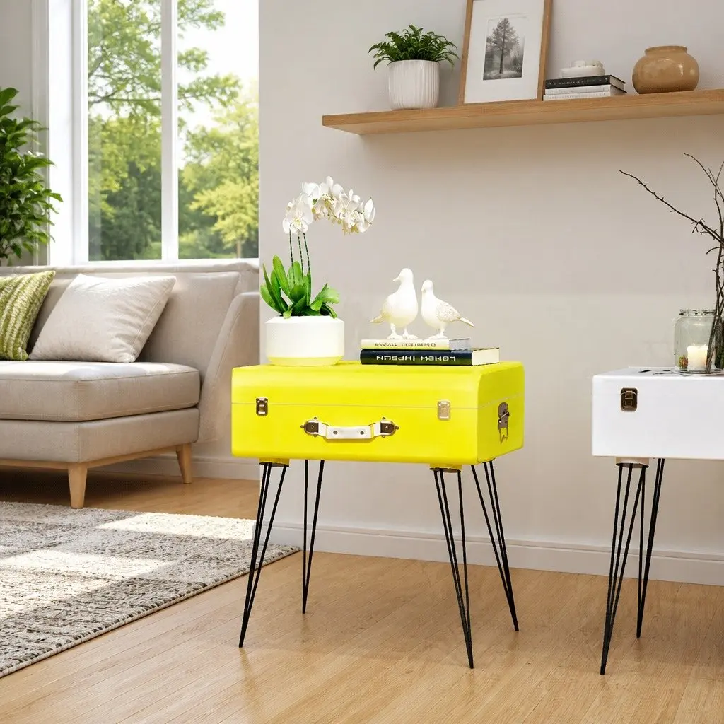 Bedside Table Yellow Vintage Suitcase Style Storage Organiser MDF with Steel Legs 49.5 x 36 x 60 cm