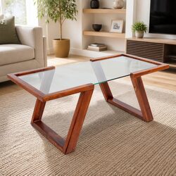 Elegant Coffee Table with Glass Top and Wood Base