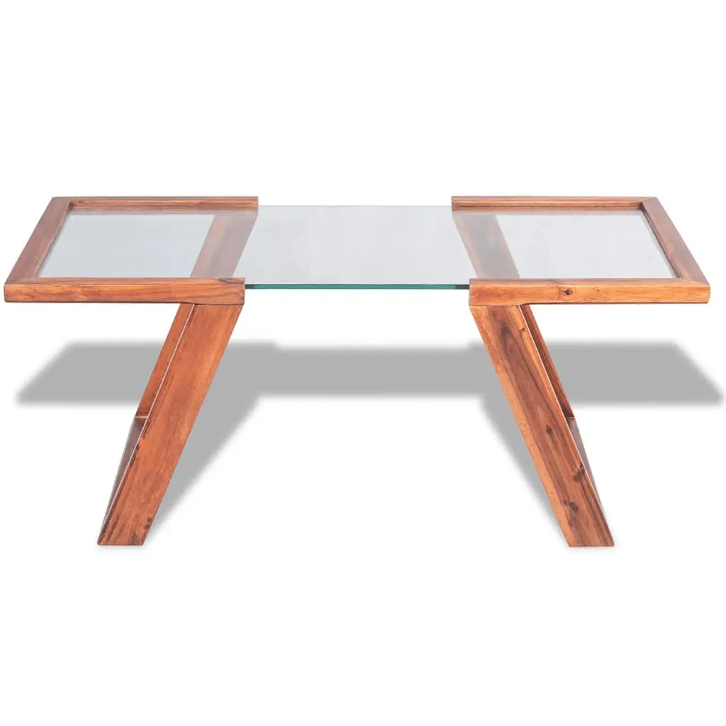 Coffee Table Brown Tempered Glass Top Solid Acacia Wood Base 100 x 50 x 40 cm