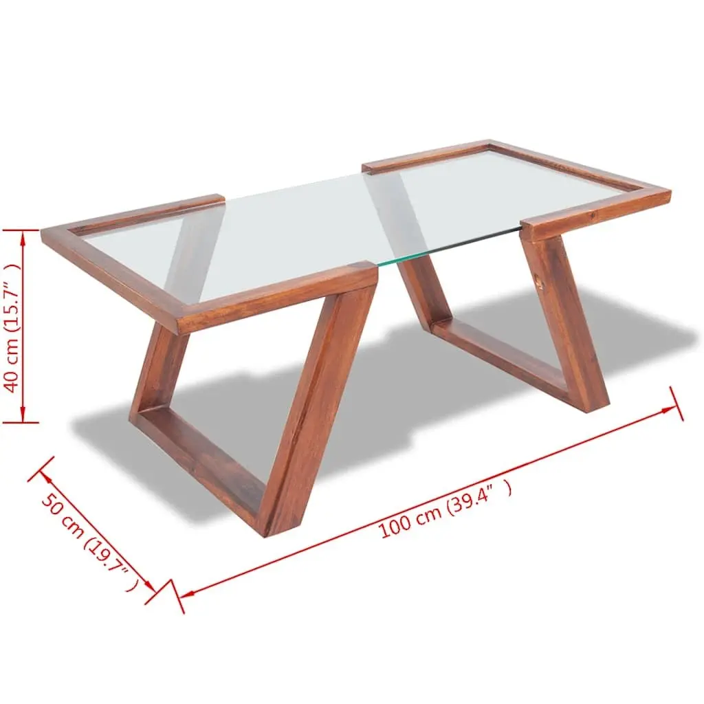 Coffee Table Brown Tempered Glass Top Solid Acacia Wood Base 100 x 50 x 40 cm
