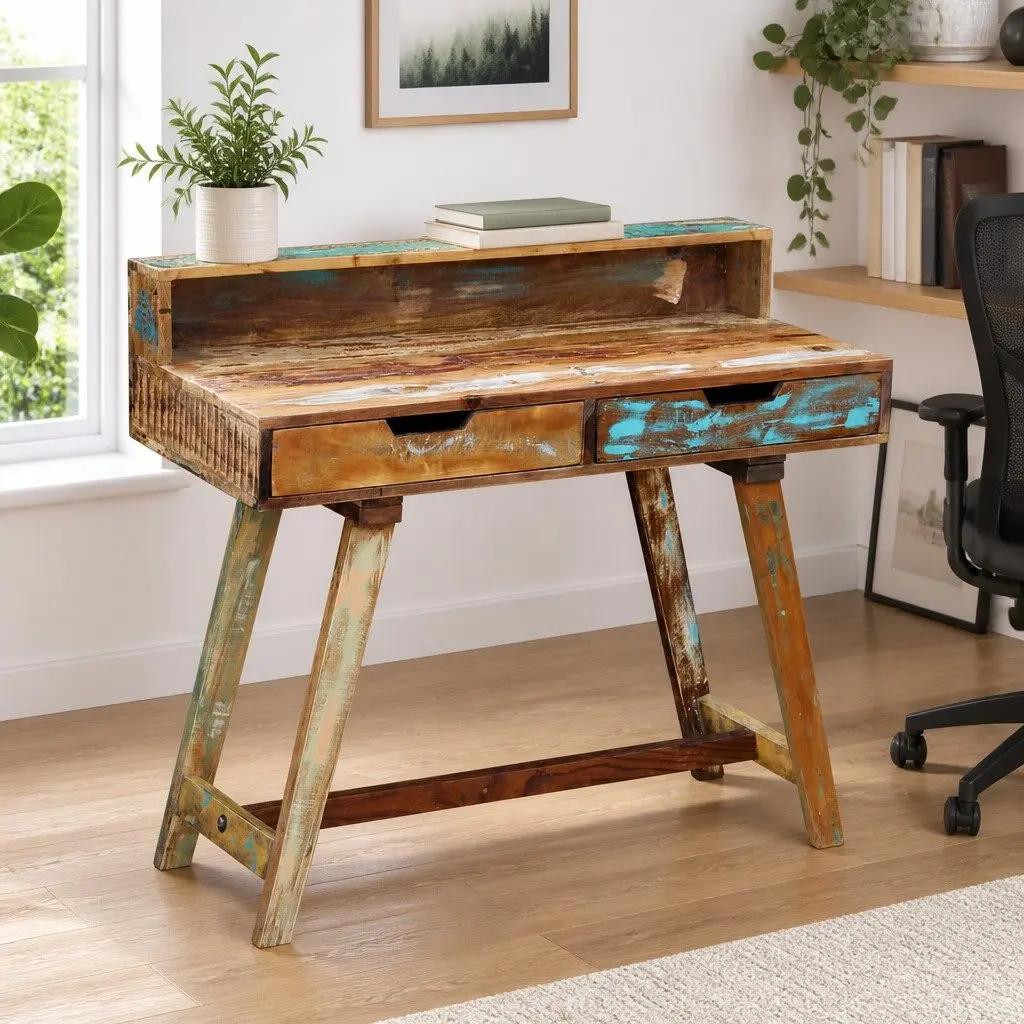 Desk Vintage Style Solid Reclaimed Wood Office Study Computer Table with Drawers