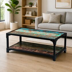 Vintage Solid Reclaimed Wood Coffee Table with Storage