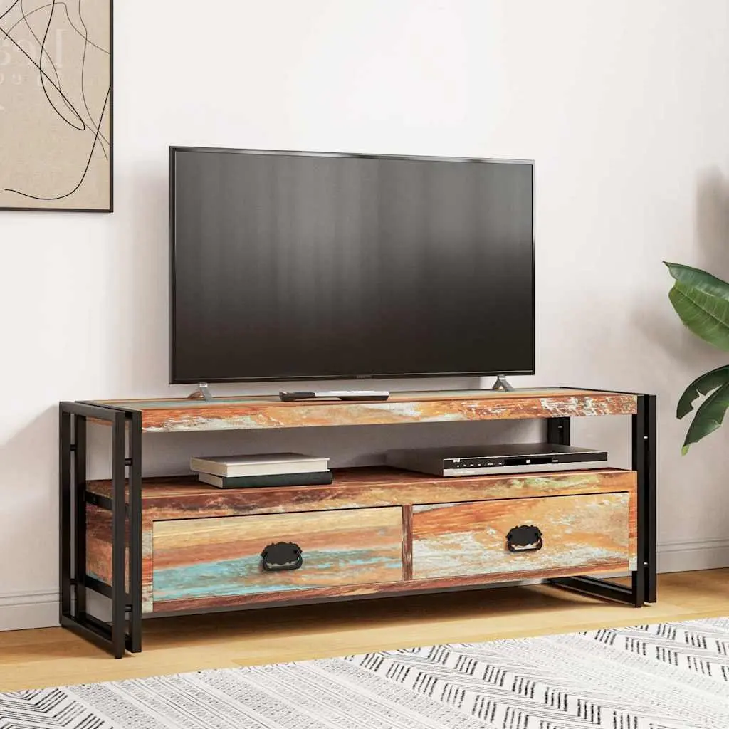 TV Cabinet Vintage Style Solid Reclaimed Wood 2 Drawer 1 Shelf Steel Frame