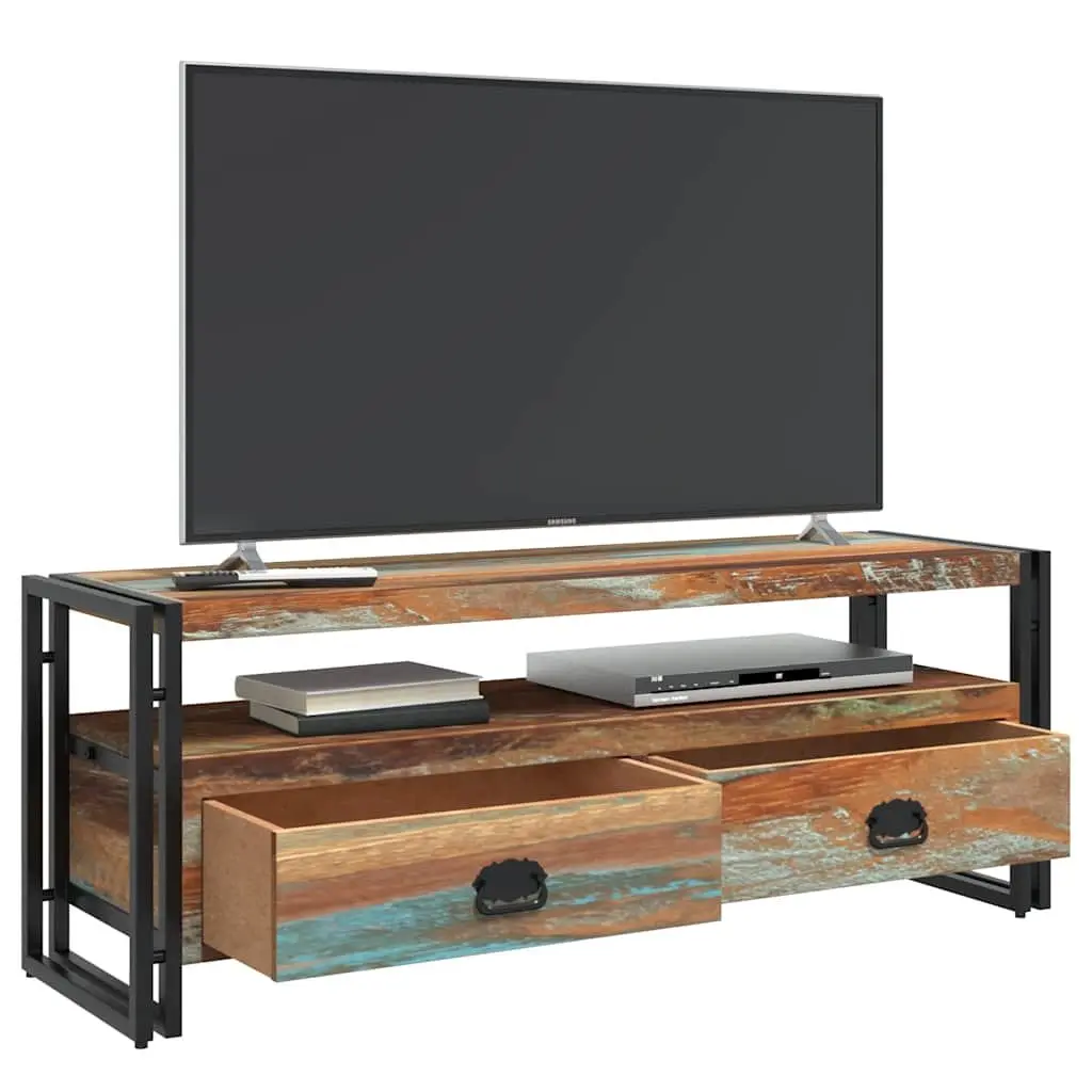 TV Cabinet Vintage Style Solid Reclaimed Wood 2 Drawer 1 Shelf Steel Frame