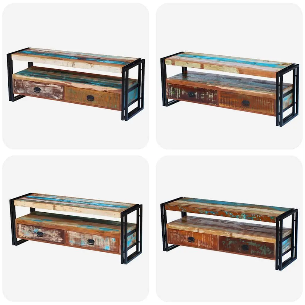 TV Cabinet Vintage Style Solid Reclaimed Wood 2 Drawer 1 Shelf Steel Frame