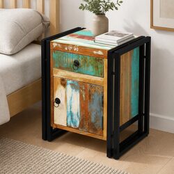 Vintage-Style Solid Reclaimed Wood Bedside Cabinet