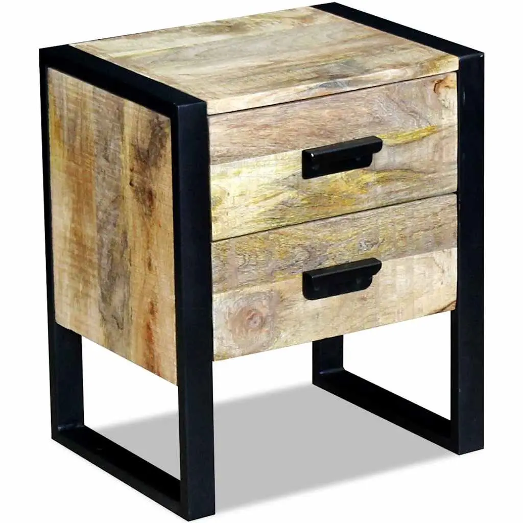 Side Table Industrial Style Brown Solid Mango Wood with 2 Drawers Iron Legs