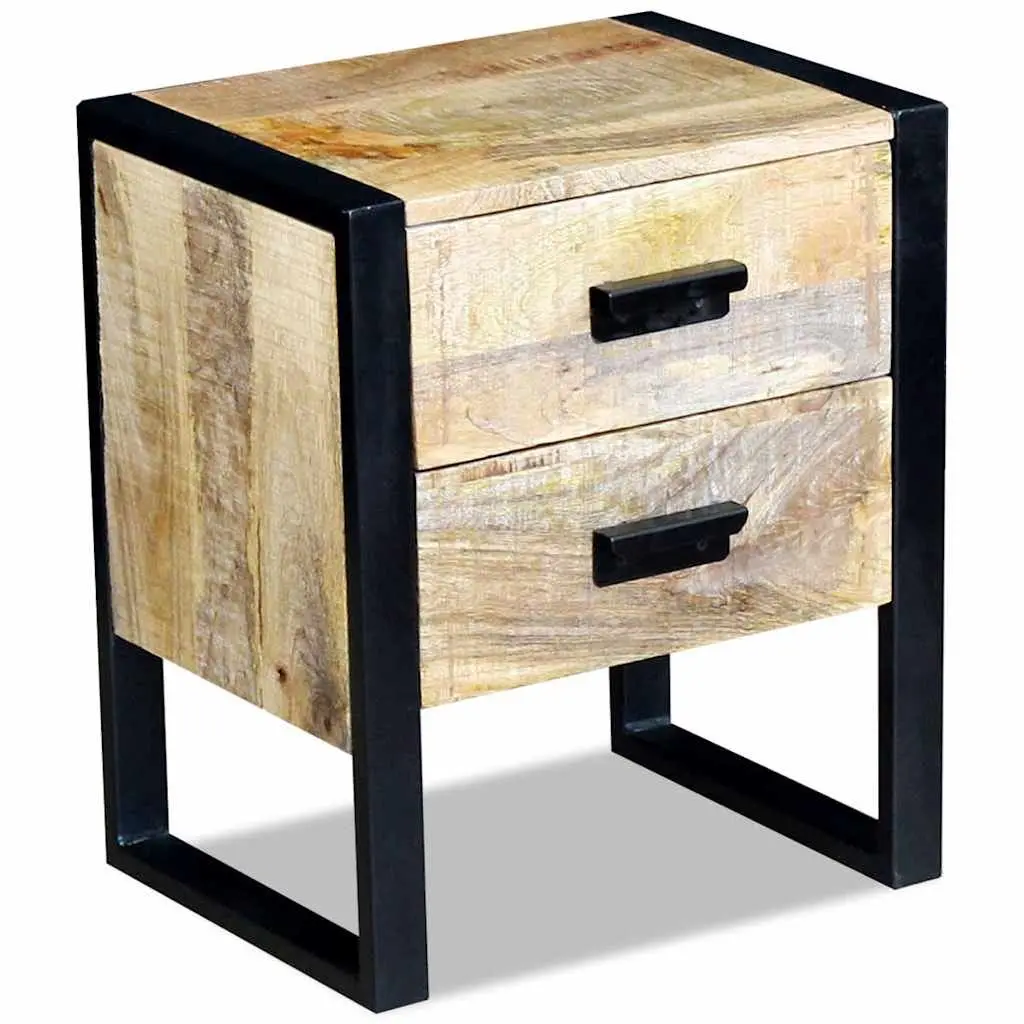 Side Table Industrial Style Brown Solid Mango Wood with 2 Drawers Iron Legs