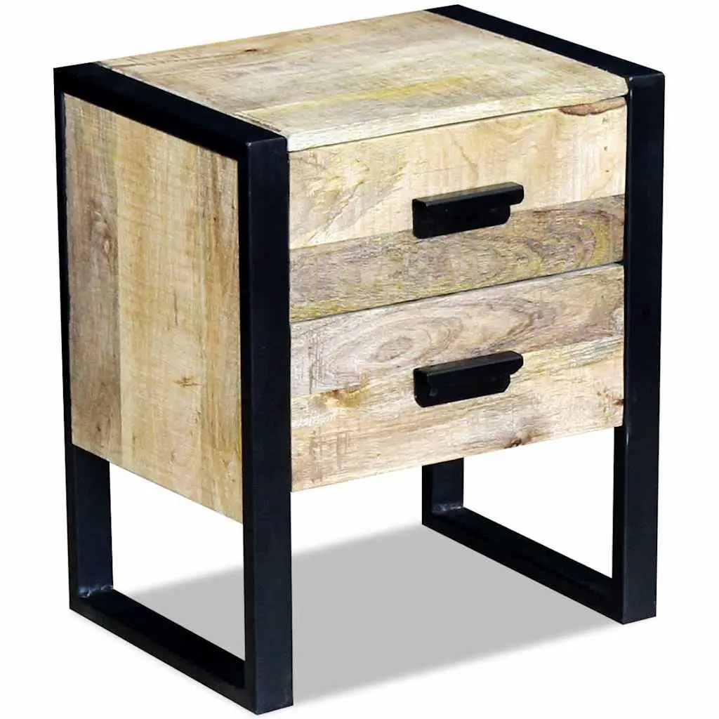 Side Table Industrial Style Brown Solid Mango Wood with 2 Drawers Iron Legs