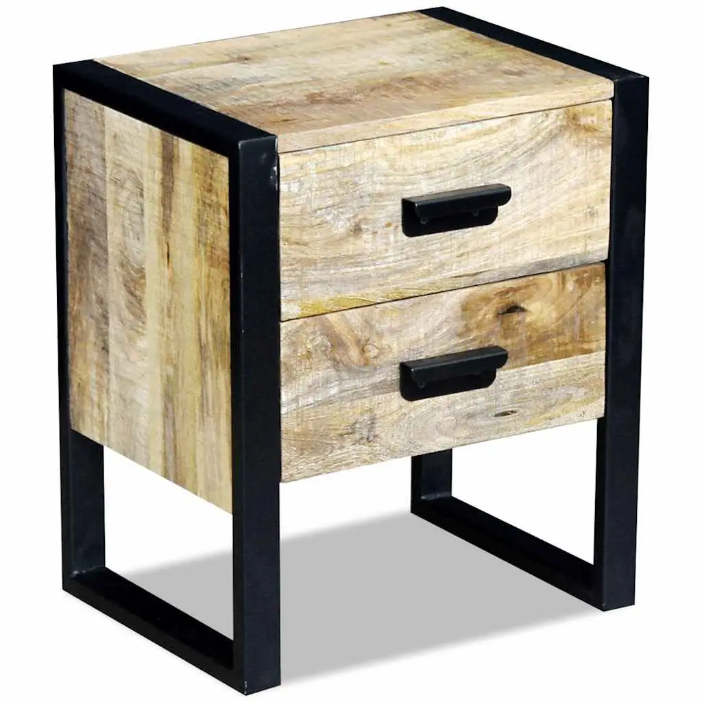 Side Table Industrial Style Brown Solid Mango Wood with 2 Drawers Iron Legs