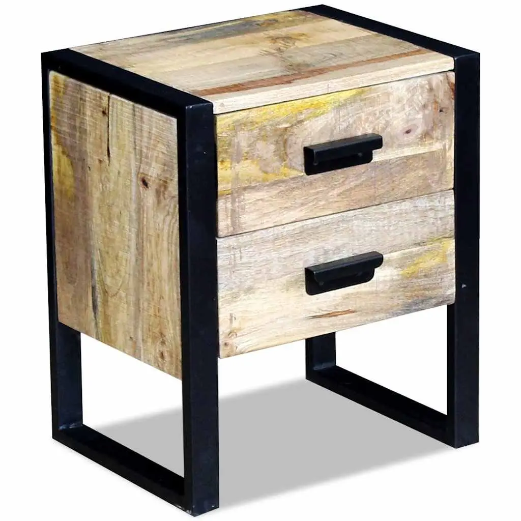 Side Table Industrial Style Brown Solid Mango Wood with 2 Drawers Iron Legs
