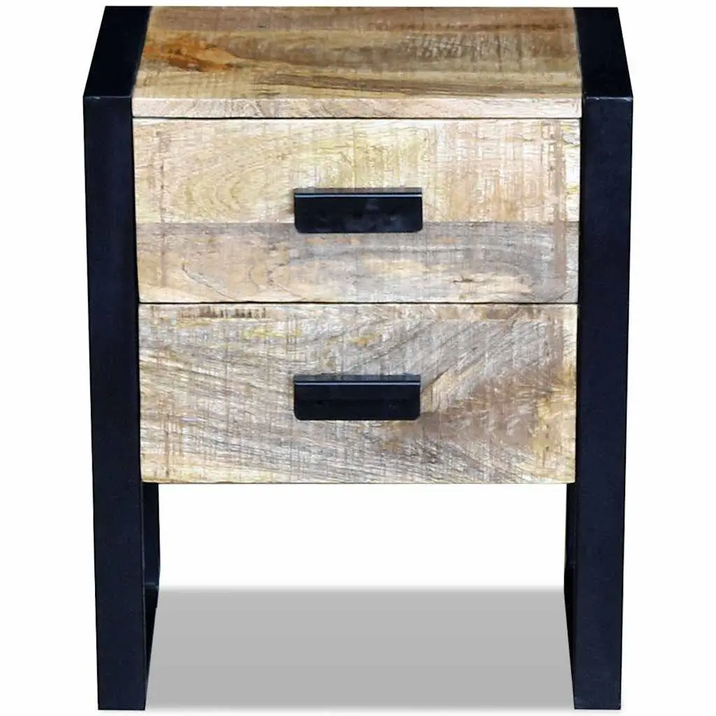 Side Table Industrial Style Brown Solid Mango Wood with 2 Drawers Iron Legs