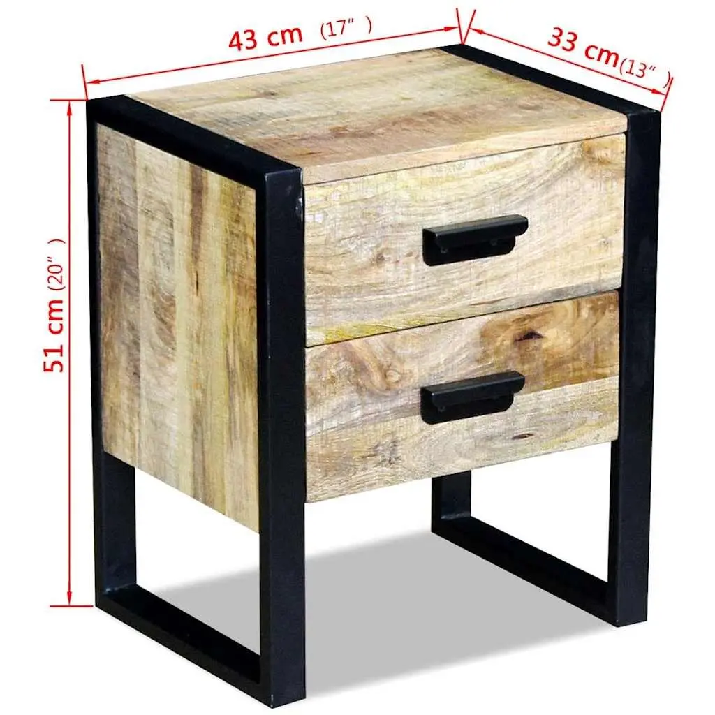 Side Table Industrial Style Brown Solid Mango Wood with 2 Drawers Iron Legs