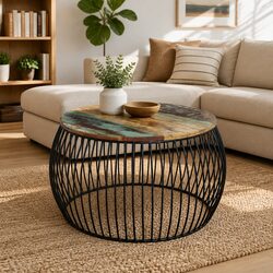 Handcrafted Vintage Round Coffee Table in Solid Wood 68cm