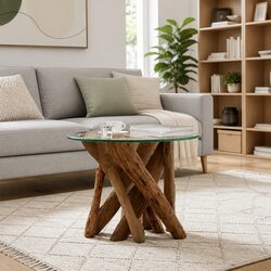 Handmade Rustic Coffee Table with Teak Base and Glass Top