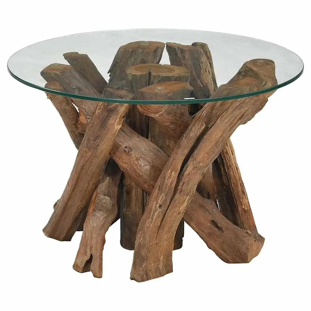 Handmade Rustic Coffee Table 60cm Solid Teak Base with Tempered Glass Top Brown