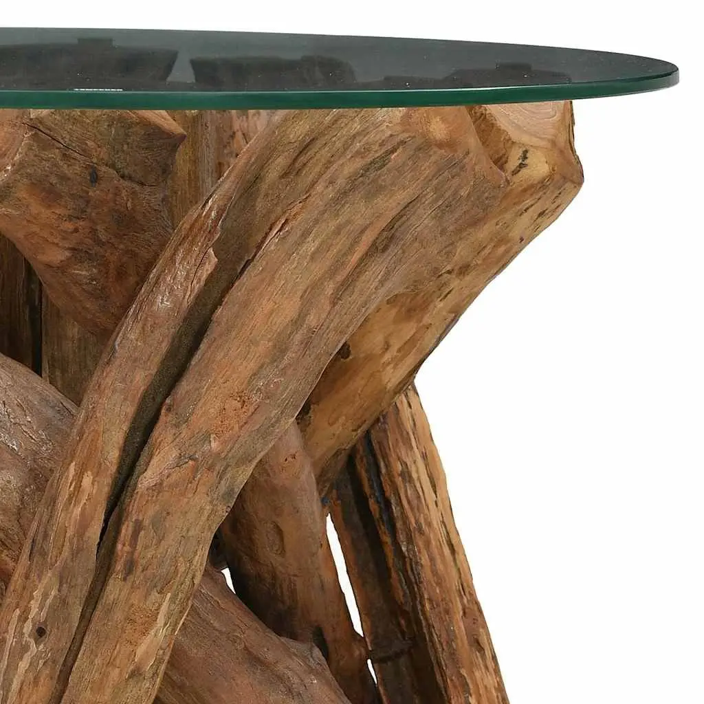 Handmade Rustic Coffee Table 60cm Solid Teak Base with Tempered Glass Top Brown