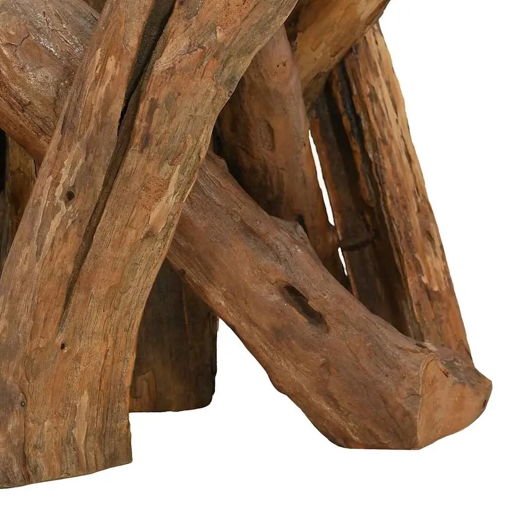 Handmade Rustic Coffee Table 60cm Solid Teak Base with Tempered Glass Top Brown