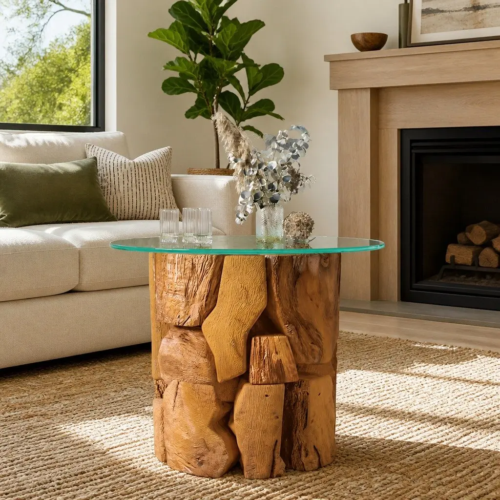 Handmade Coffee Table with Driftwood Base and Glass Top