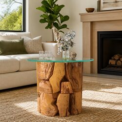 Handmade Coffee Table with Driftwood Base and Glass Top
