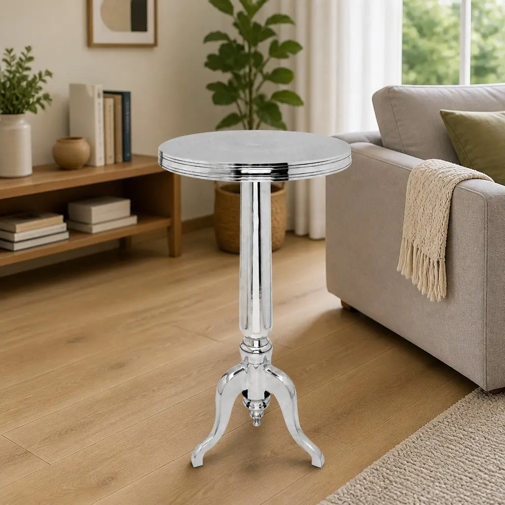 Round Side Table Silver Aluminium Living Room Bedroom Nightstand Display