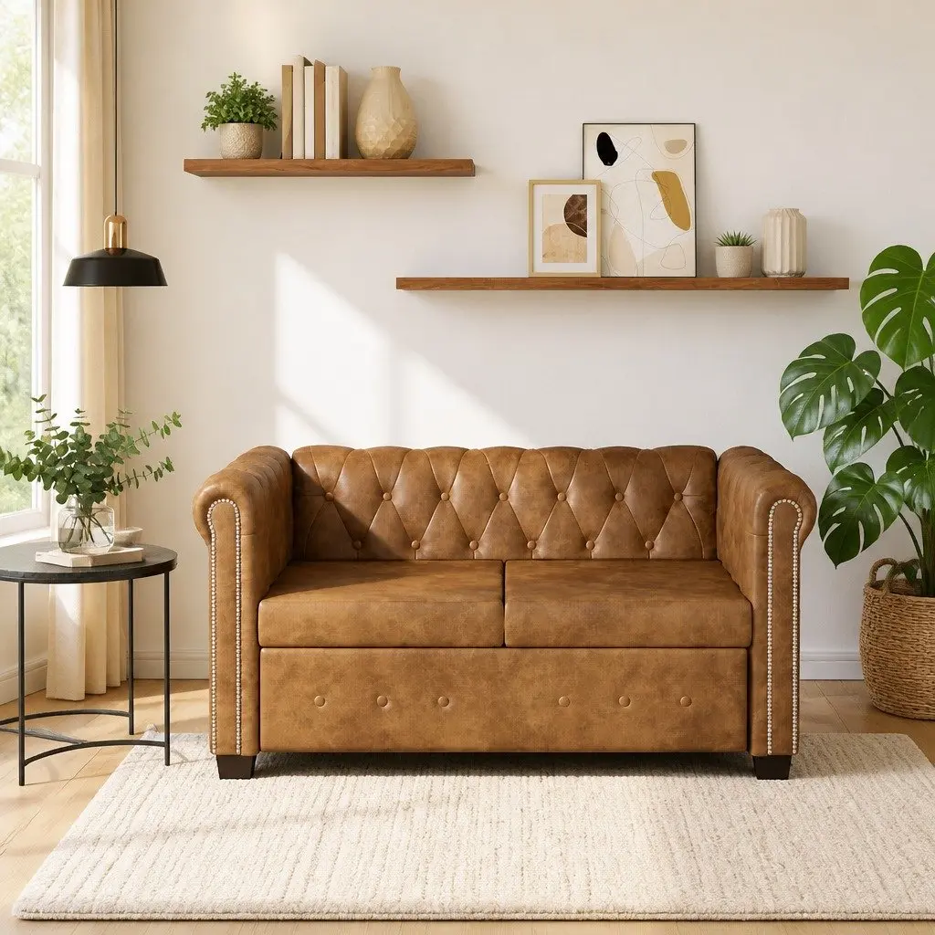 2-Seater Chesterfield Sofa Brown Tufted Studded Artificial Leather