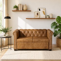 Chesterfield Sofa 2-Seater in Brown Artificial Leather