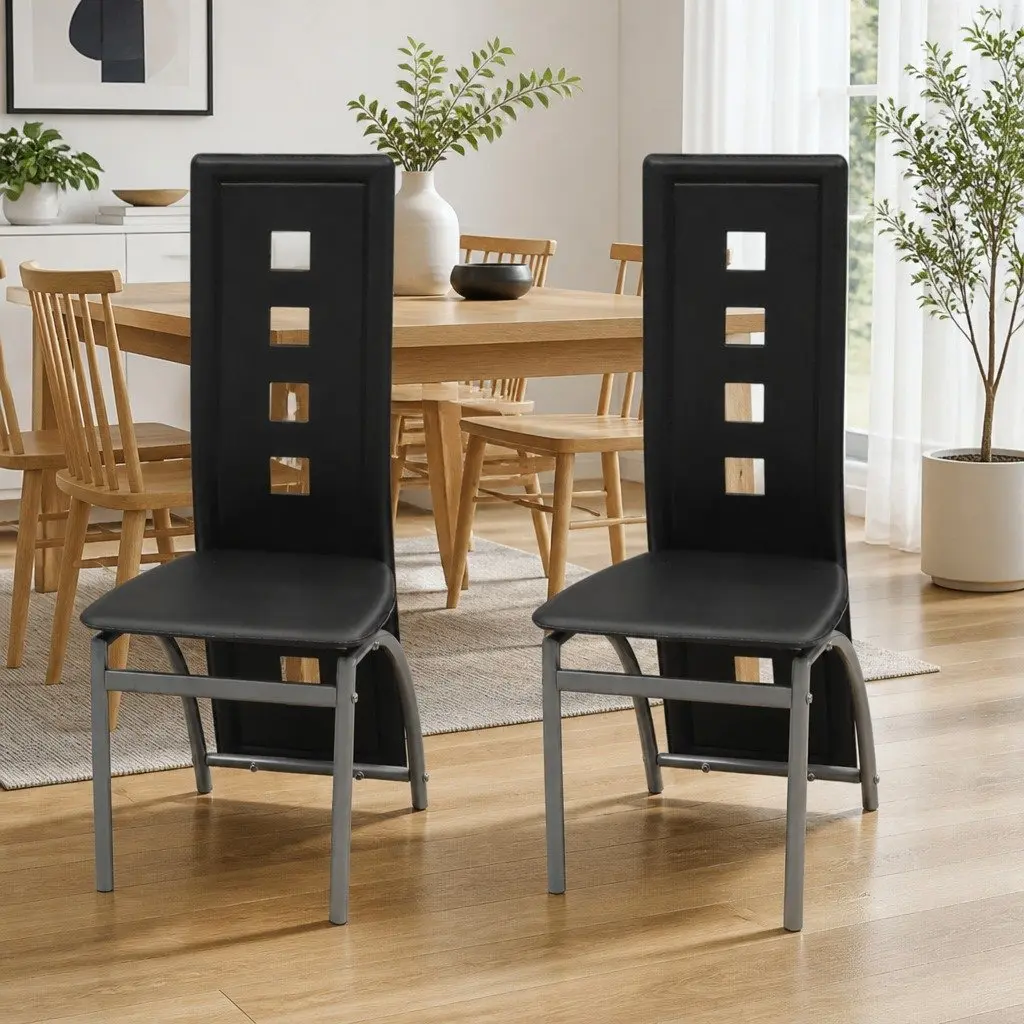 Set of 2 Black Faux Leather Dining Chairs with High Backrest