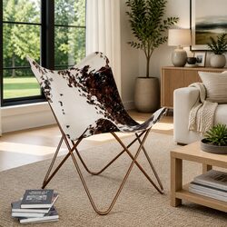 Brown White Cowhide Leather Butterfly Chair Lounge Seat
